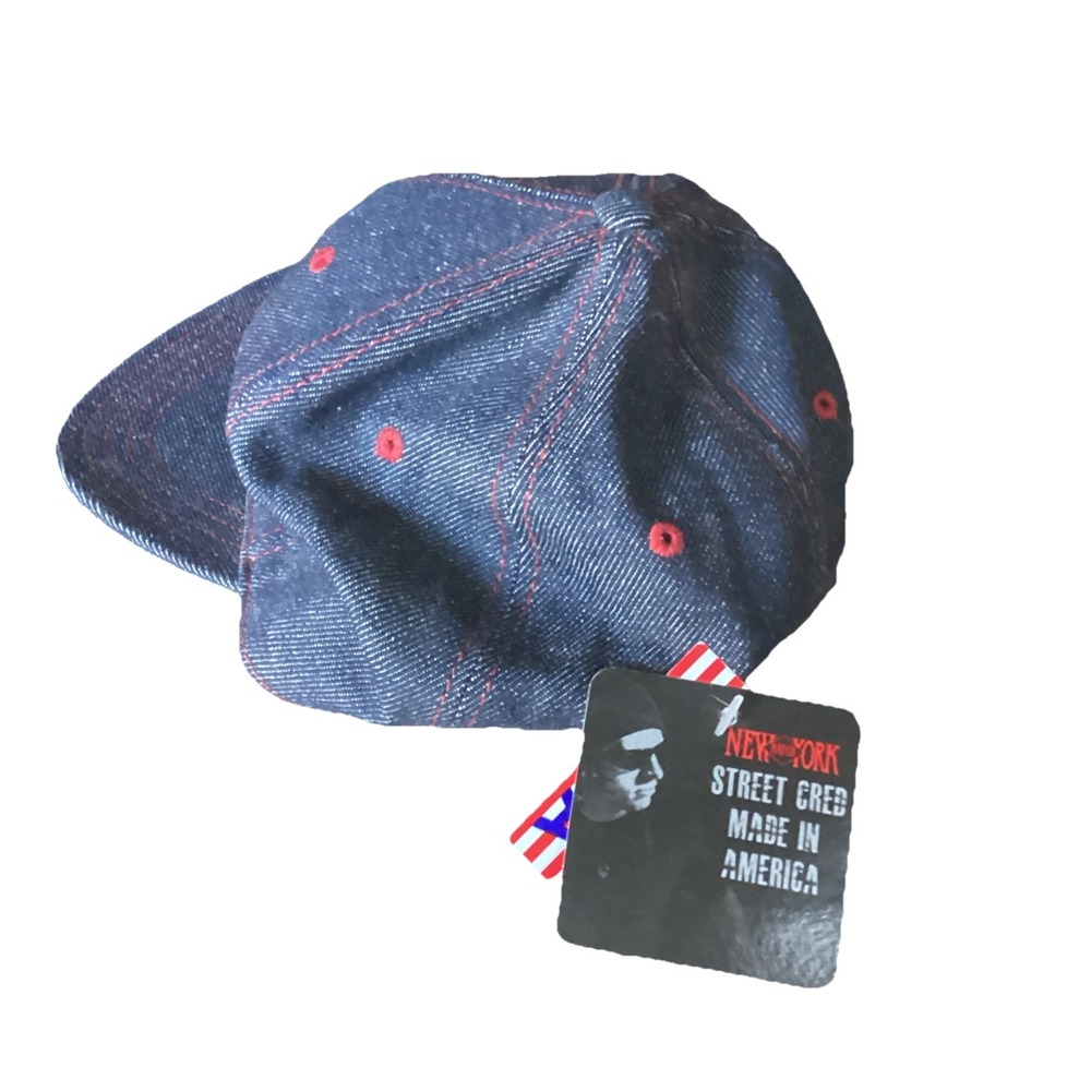 New York Hat Co Vintage Denim Hat Cap Made in USA Leather Strap Y2K Blue Red